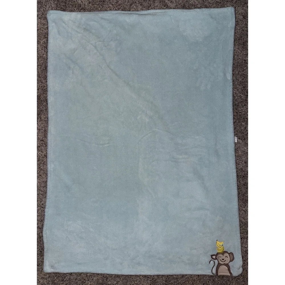 Carter's Aqua Blue Green Turquoise Gray Striped Monkey Banana Baby Blanket 40x30